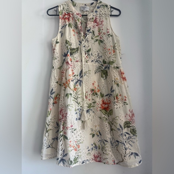 Johhny Was Sage Caprice Lace Up Silk Blend Eyelet Mini Dress Size XS - Picture 2 of 5